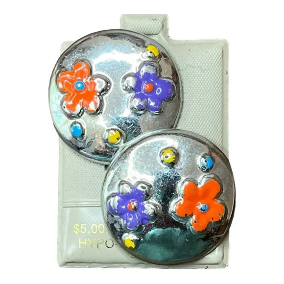 Painted Silver Floral Circle Button Earrings Vintage‎ Orange Yellow Blue Posts - Picture 5 of 5